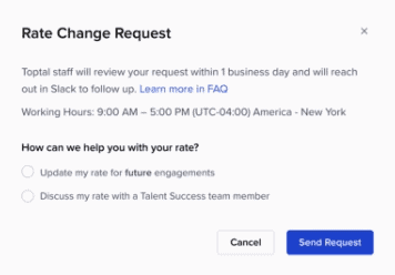 Screenshot from Toptal freelancer platform showing rate change request options