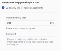 Screenshot from Toptal freelance platform requesting a rate change to $200 / hour