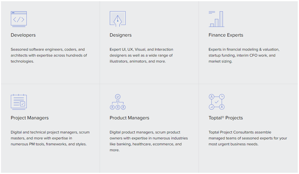 Screenshot from Toptal website showing the types of freelancers Toptal seeks: Mobile & Web Developers, Graphic and UX/UI Designers, Finance Experts, Project Managers, Product Managers and Project Consultants