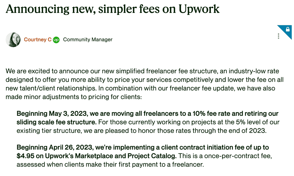 Screenshot from Upwork community which describes Upwork freelancer fees total overhaul to 10 percent flat fee