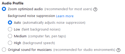 Screenshot of Zoom noise suppression settings for reducing background noise