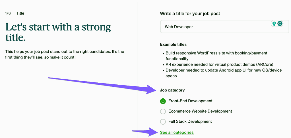 Screenshot when creating a job on Upwork, with an arrow toward choose your job category