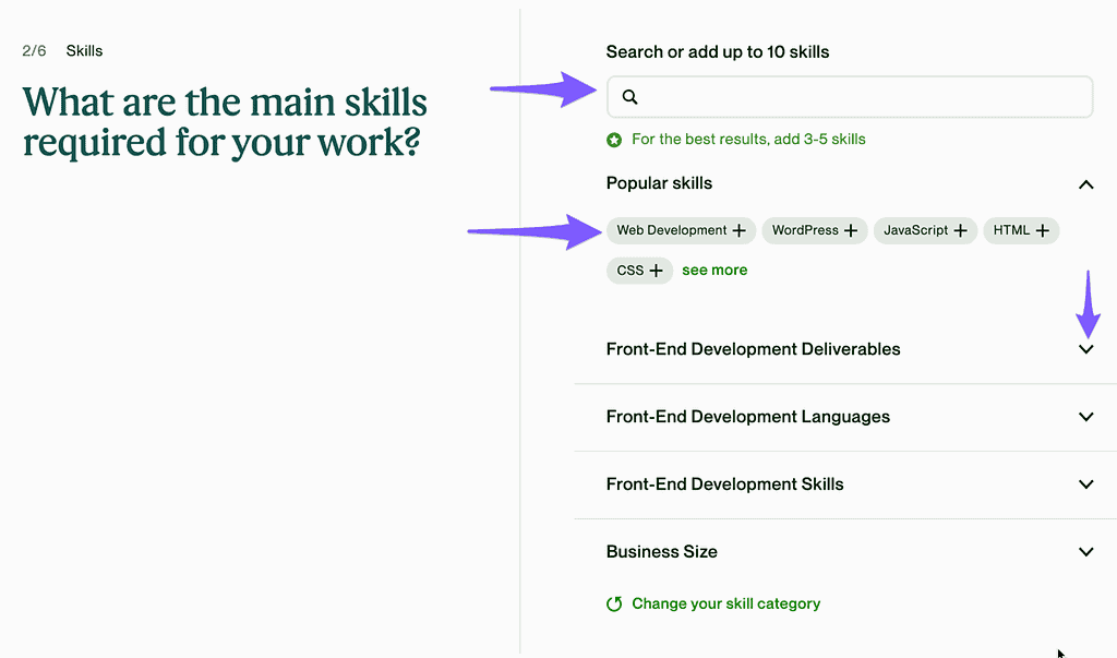 Screenshot from Upwork job post process skills select screen