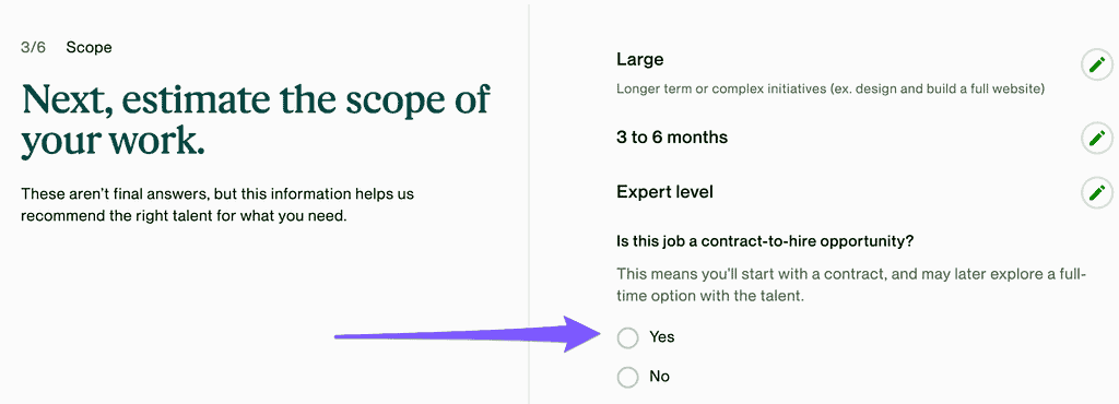 Screenshot of Upwork job posting process, contract to hire selection