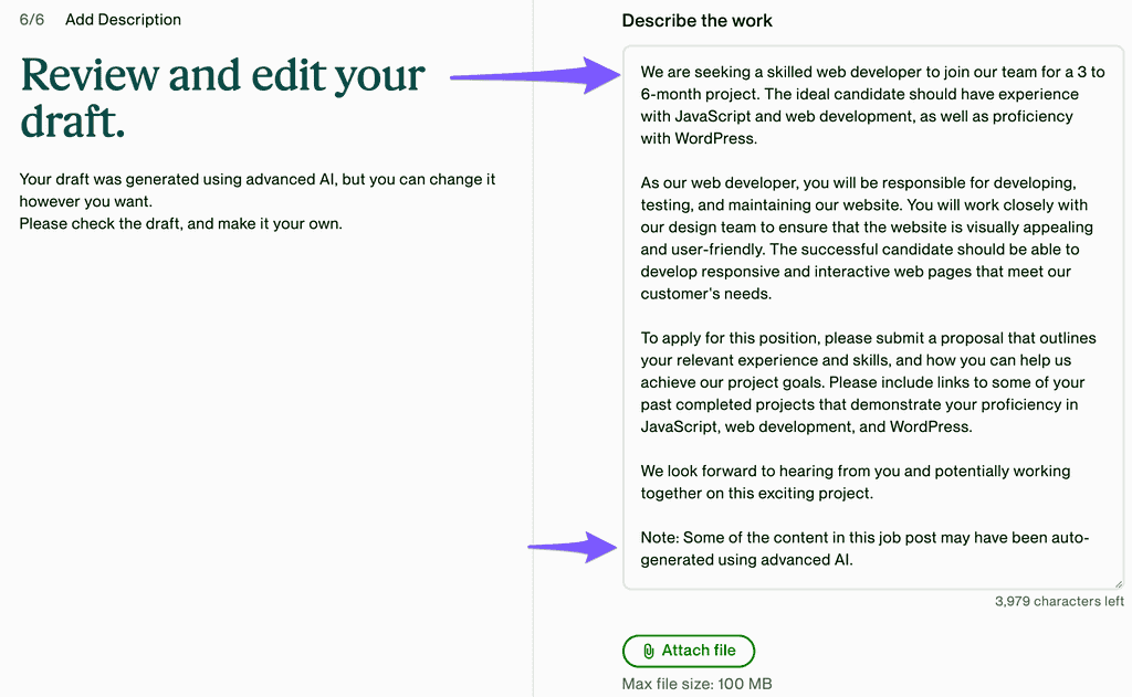 Screenshot of Upwork job posting process, showing a job description that has been generated with the assistance of OpenAI's ChatGPT