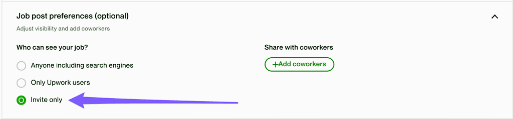 Screenshot of Upwork job posting process, with an arrow to select an invite-only Upwork job