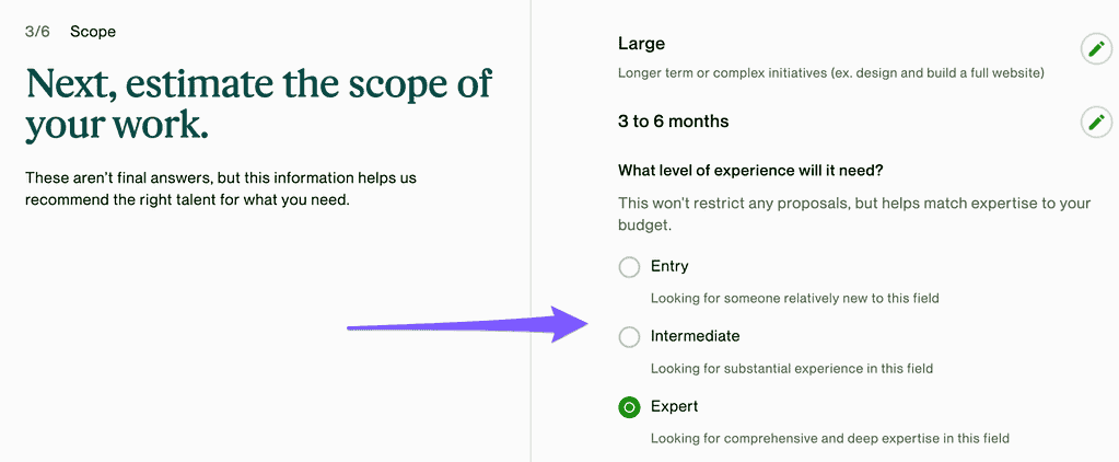 Screenshot from Upwork job creation process, selection of experience level (Entry / Intermediate / Expert)