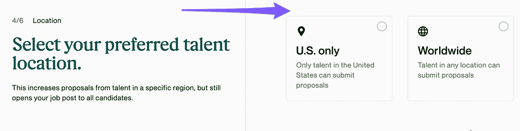 Screenshot of Upwork job post process, selecting preferred talent location (U.S. only or worldwide)