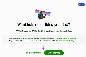 Screenshot of Upwork job posting process, OpenAI integration whereby artificial intelligence can be used to help draft a freelance job description